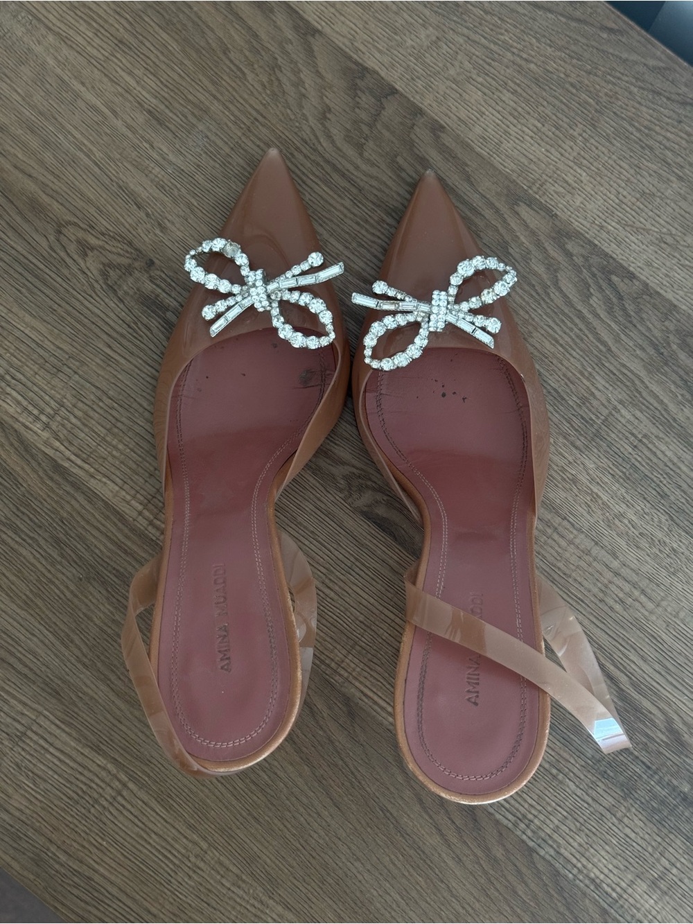 Amina muaddi Tan Pointed Toe Slingback Flats with Crystal Bow